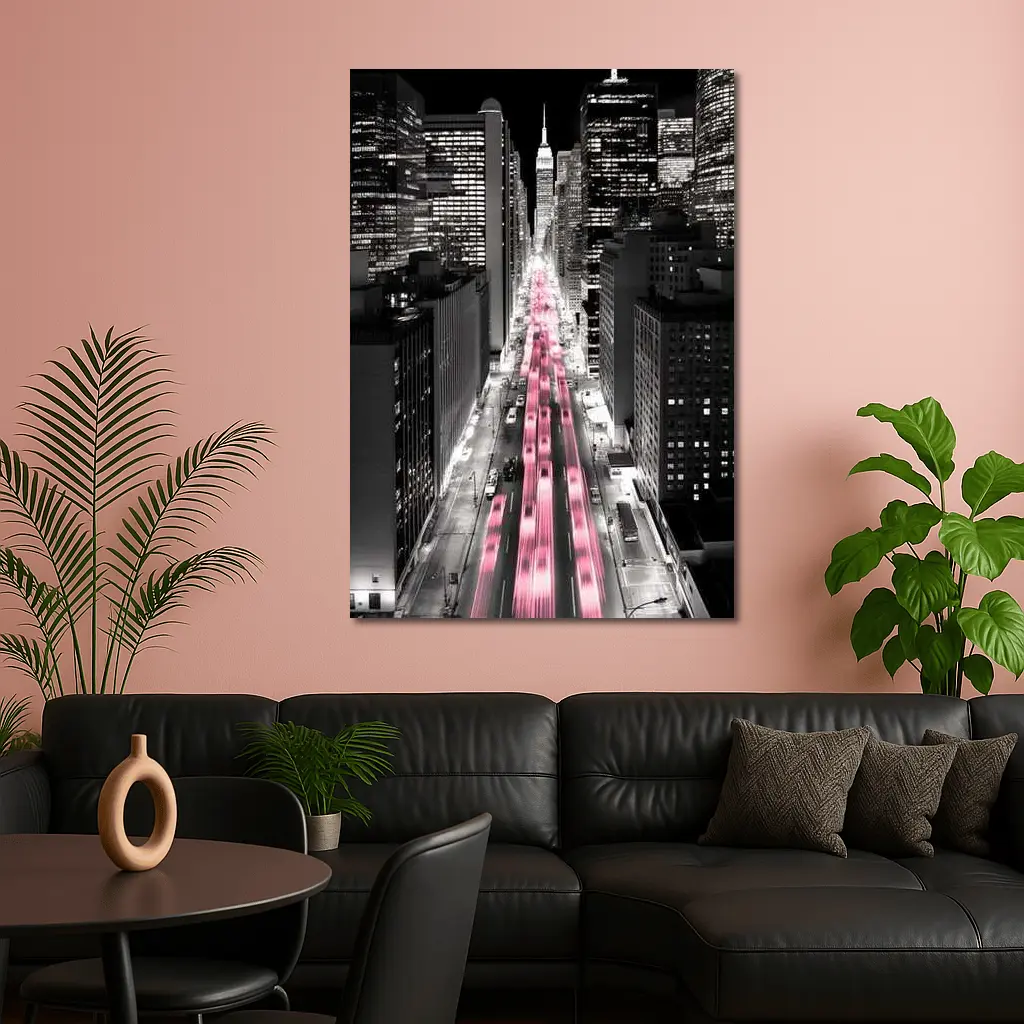 New York City Street Pink Light Trails Night – Wall Art