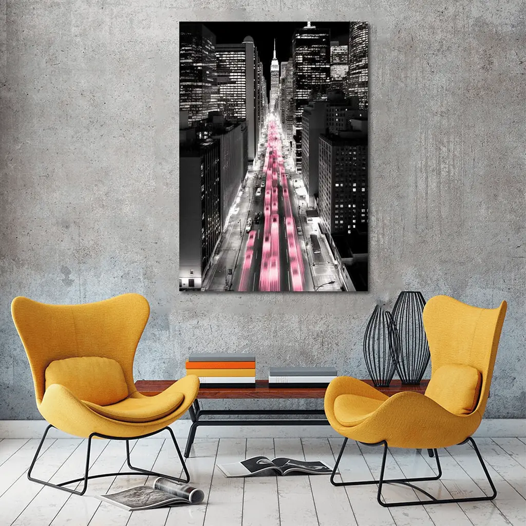 New York City Street Pink Light Trails Night – Wall Art