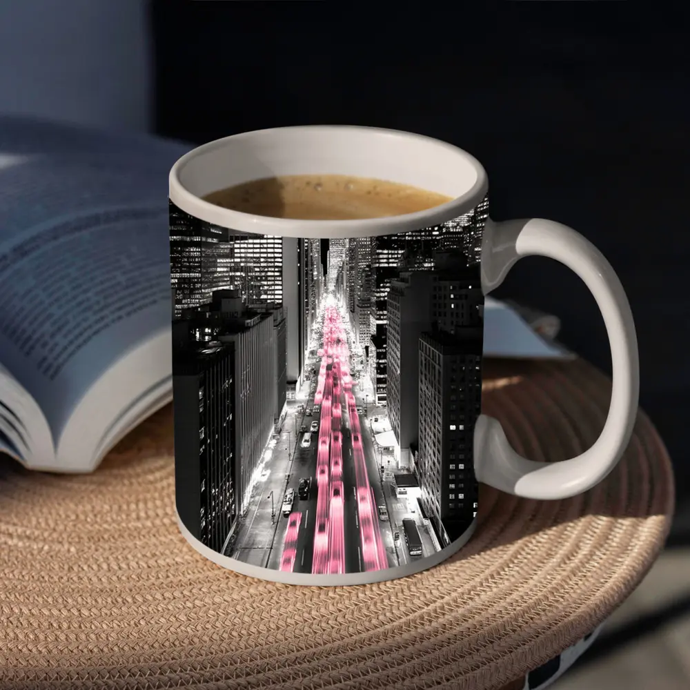 New York City Street Pink Light Trails Night – Mugs