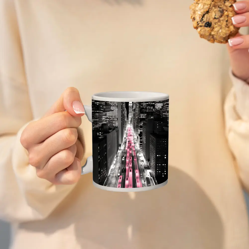 New York City Street Pink Light Trails Night – Mugs