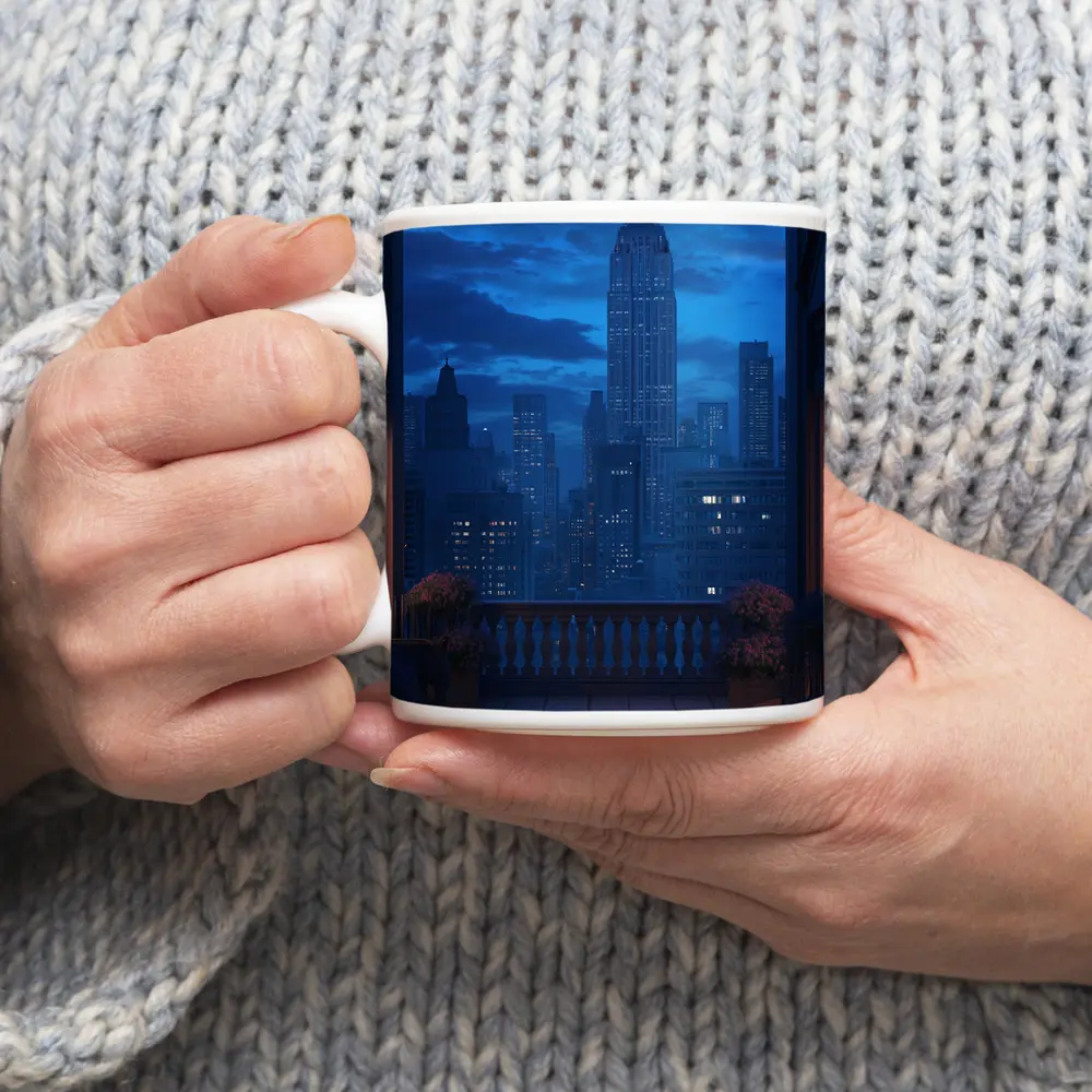 New York City Skyline Blue Night Balcony – Mugs