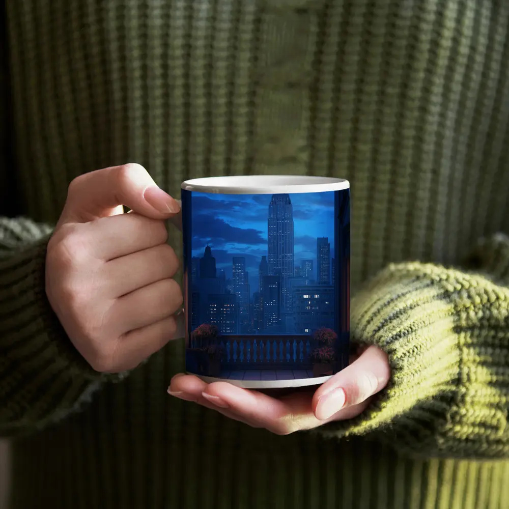 New York City Skyline Blue Night Balcony – Mugs