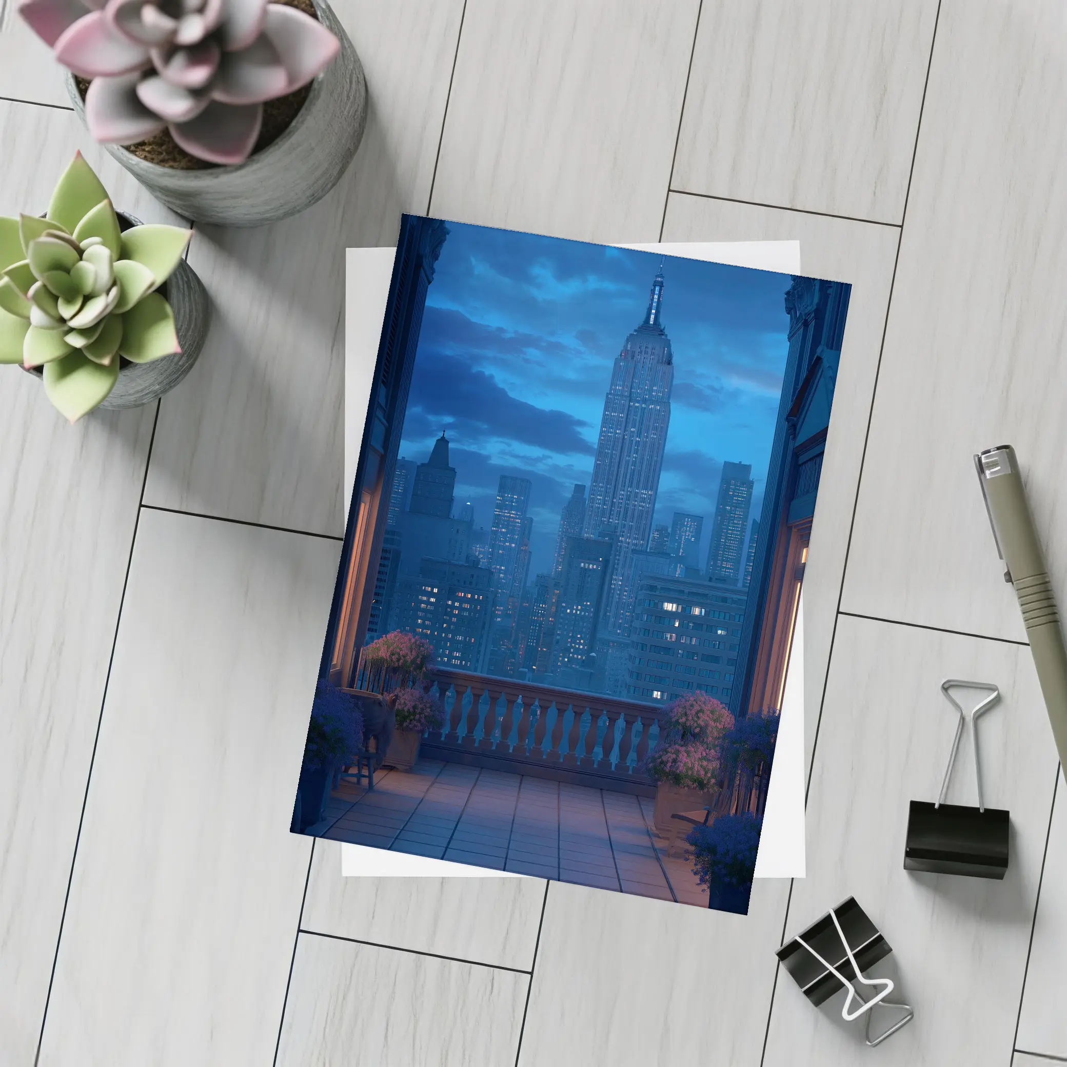 New York City Skyline Blue Night Balcony – Postcards