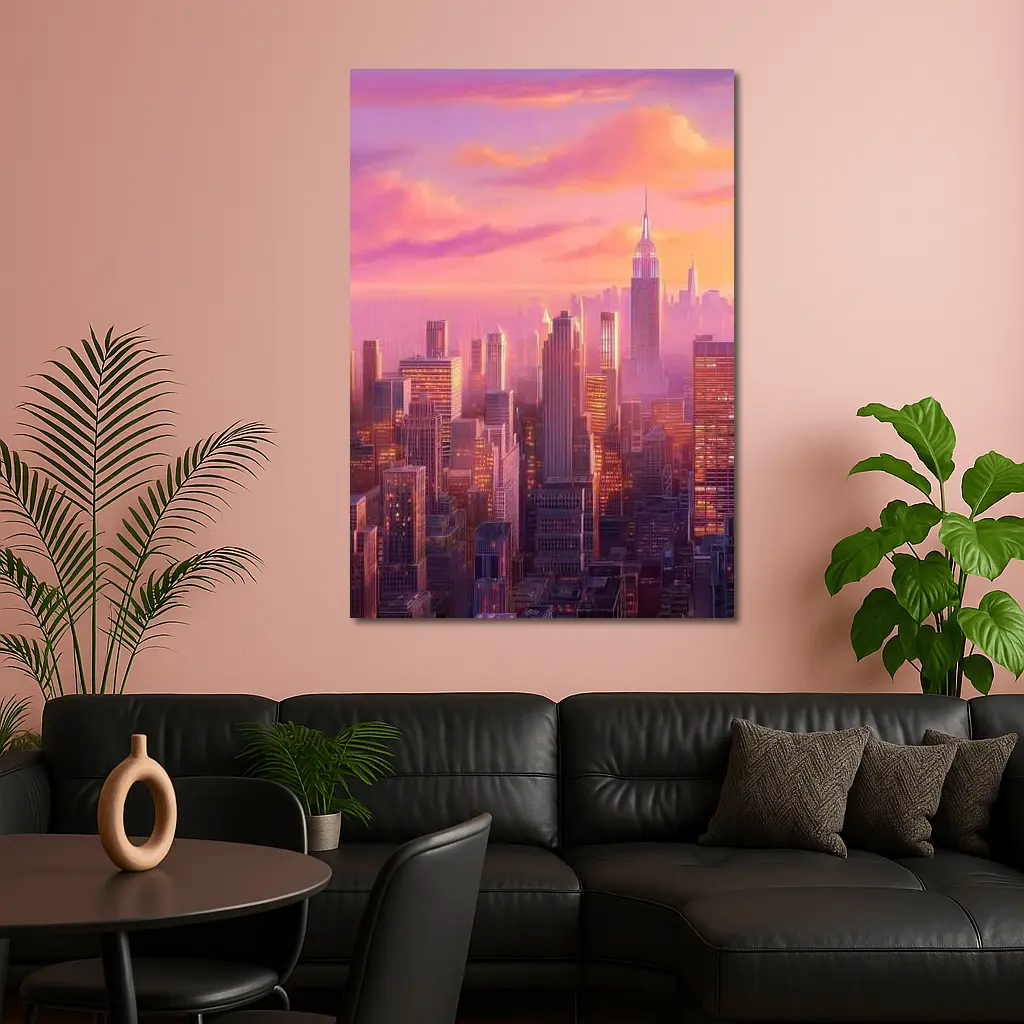 New York City Skyline Pink Sunset Art – Wall Art