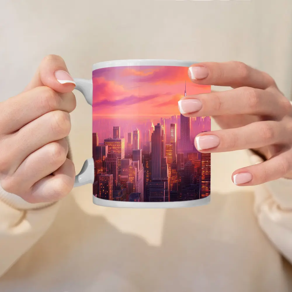 New York City Skyline Pink Sunset Art – Mugs