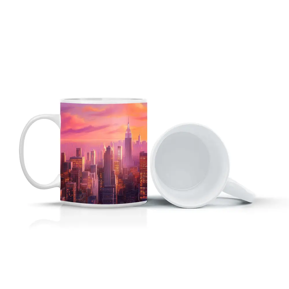New York City Skyline Pink Sunset Art – Mugs