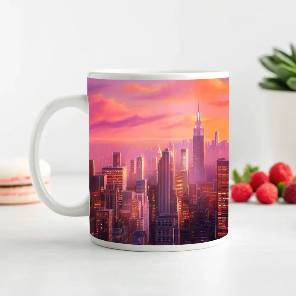 New York City Skyline Pink Sunset Art – Mugs