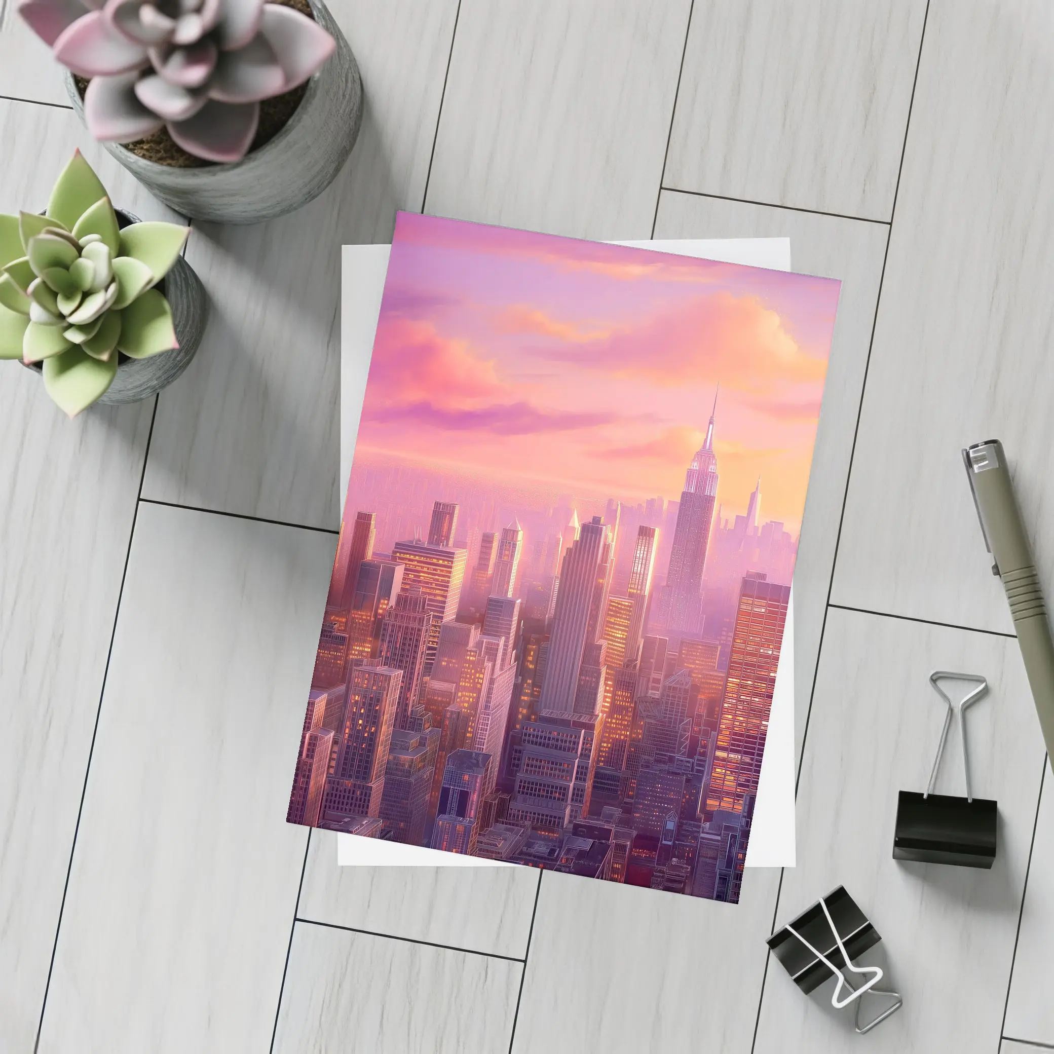 New York City Skyline Pink Sunset Art – Postcards