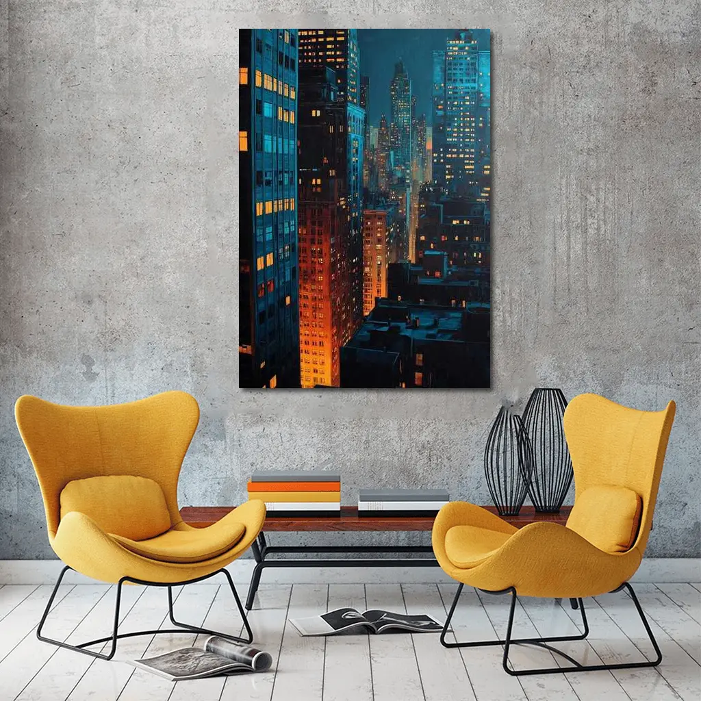 City At Night Dark Blue Skyline Painting – Wall Art