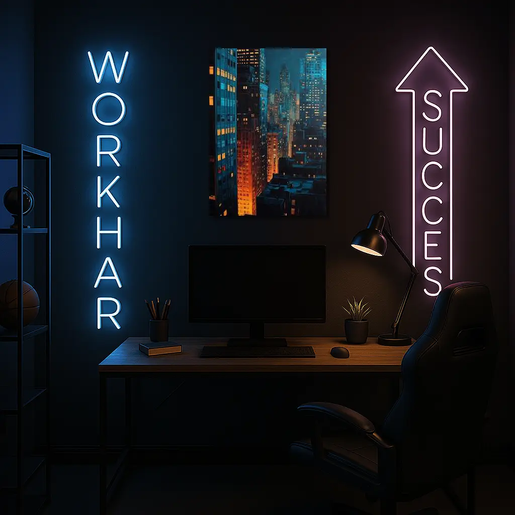 City At Night Dark Blue Skyline Painting – Wall Art
