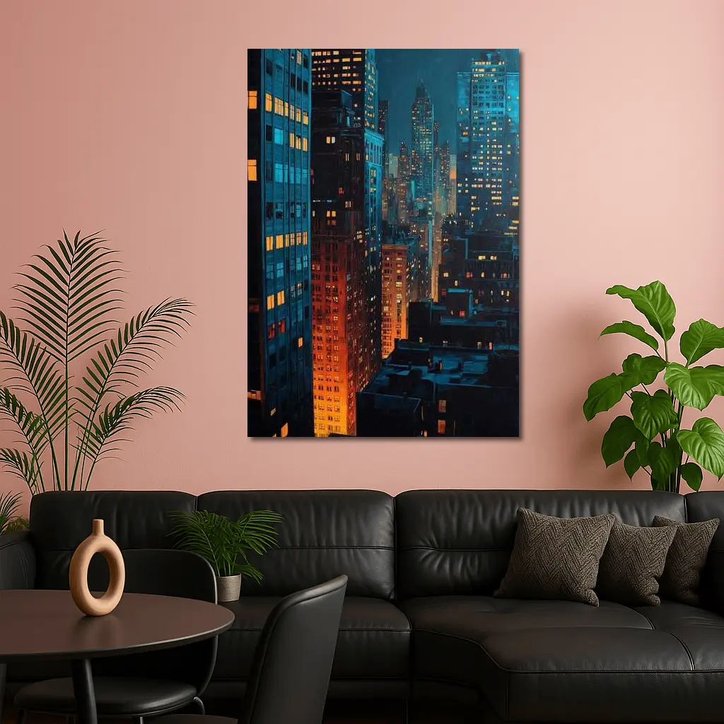 City At Night Dark Blue Skyline Painting – Wall Art