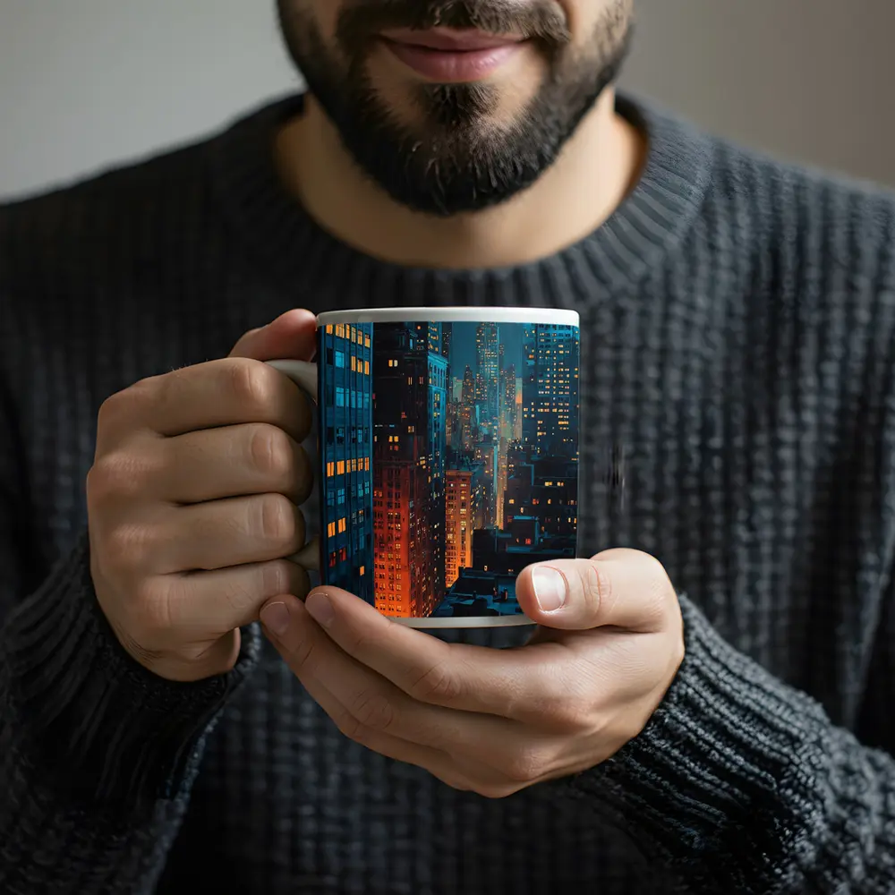City At Night Dark Blue Skyline Painting – Mugs