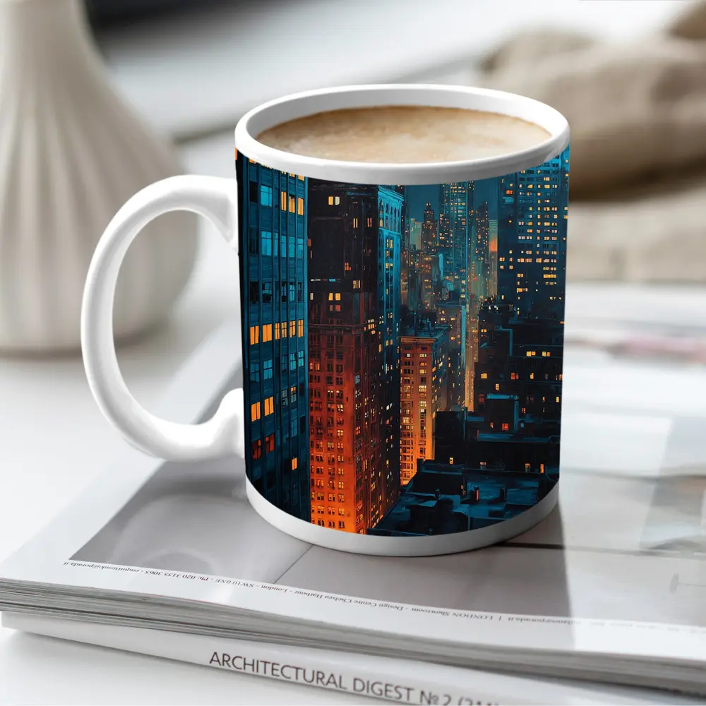 City At Night Dark Blue Skyline Painting – Mugs