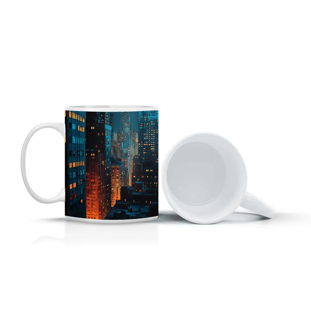 City At Night Dark Blue Skyline Painting – Mugs