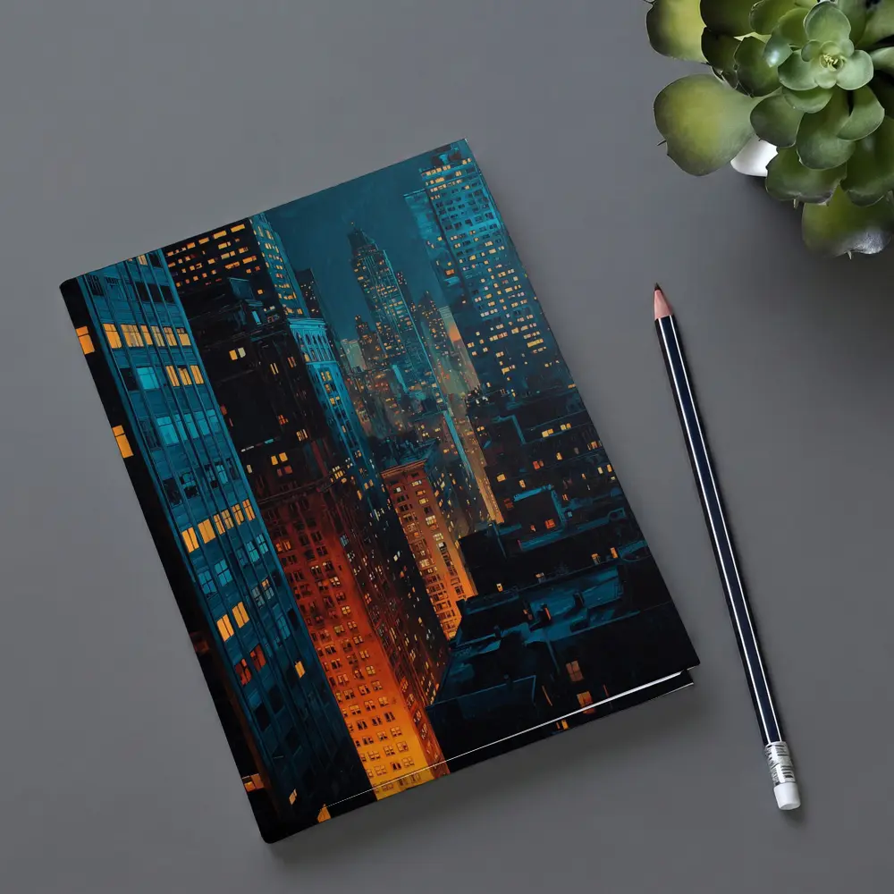 City At Night Dark Blue Skyline Painting – Notebooks