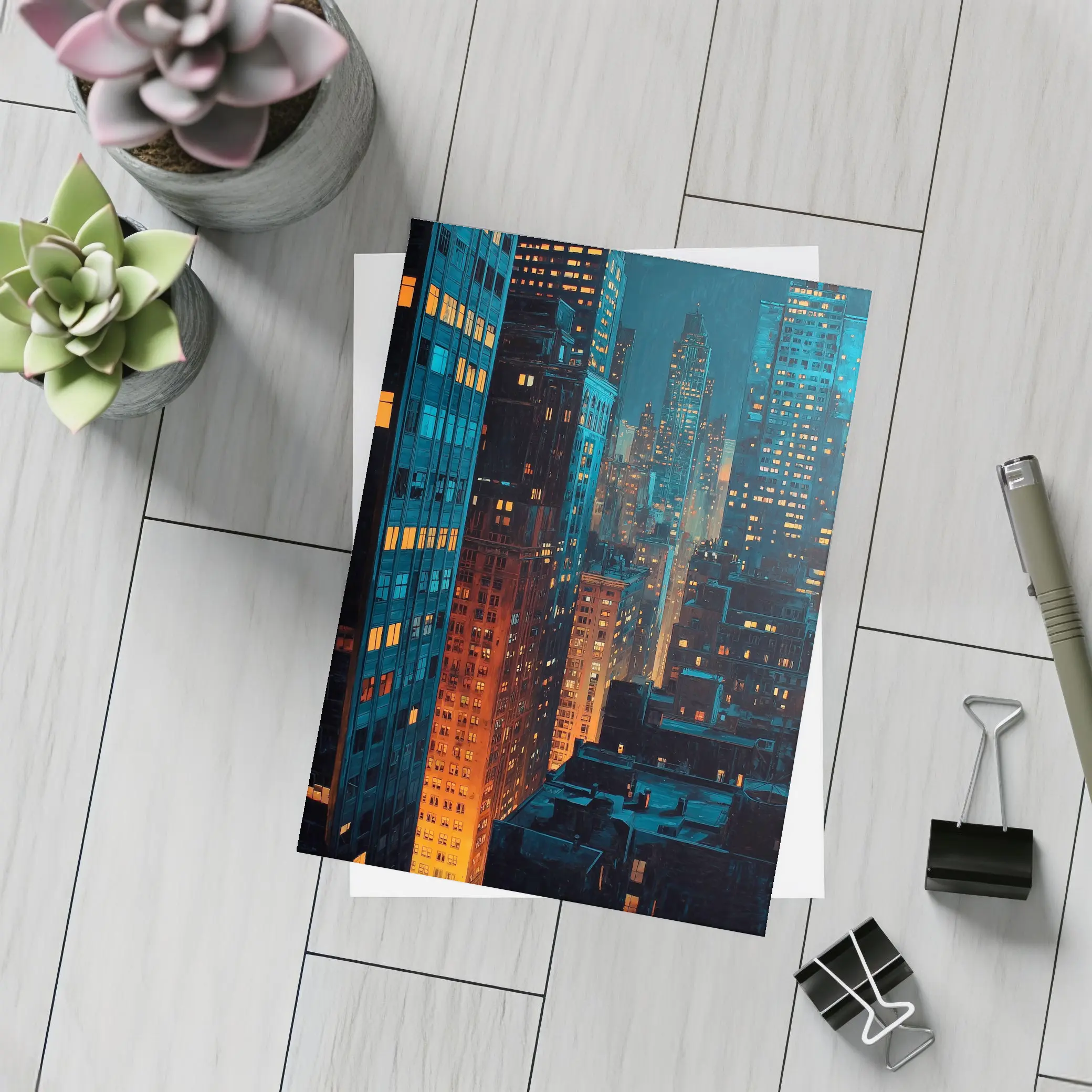 City At Night Dark Blue Skyline Painting – Postcards