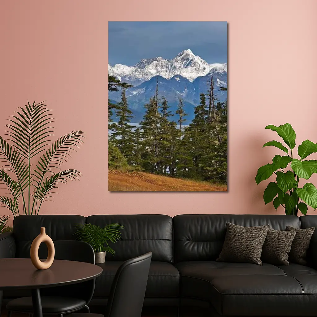 Snow Capped Alaska Mountain Peak Spruce Forest – Wall Art