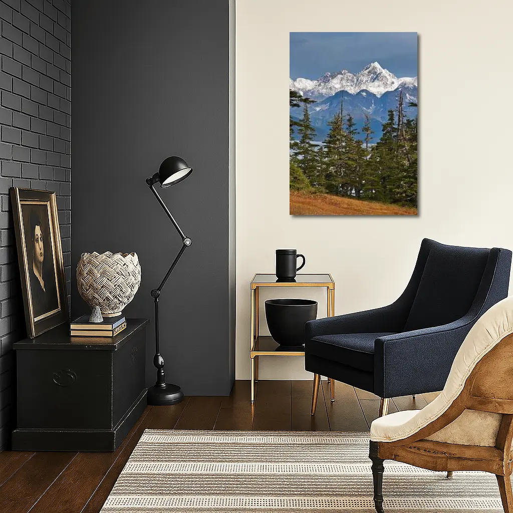 Snow Capped Alaska Mountain Peak Spruce Forest – Wall Art