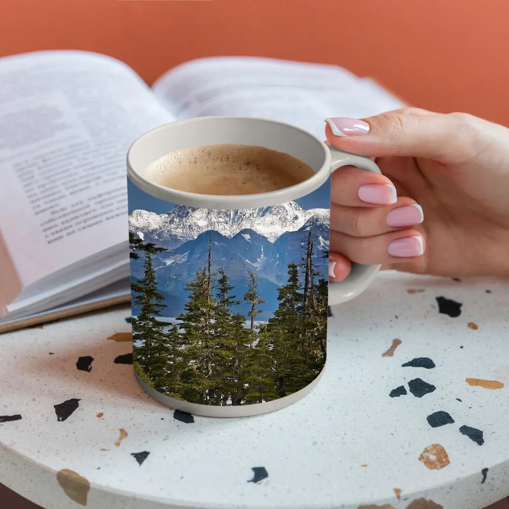 Snow Capped Alaska Mountain Peak Spruce Forest – Mugs