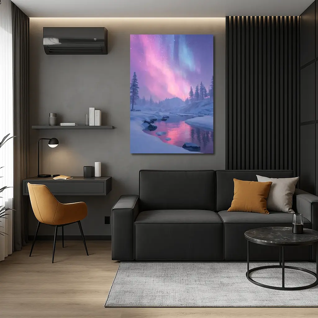 Northern Lights Over Snowy Winter River – Wall Art