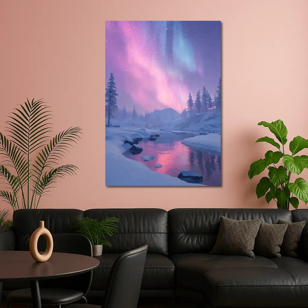 Northern Lights Over Snowy Winter River – Wall Art