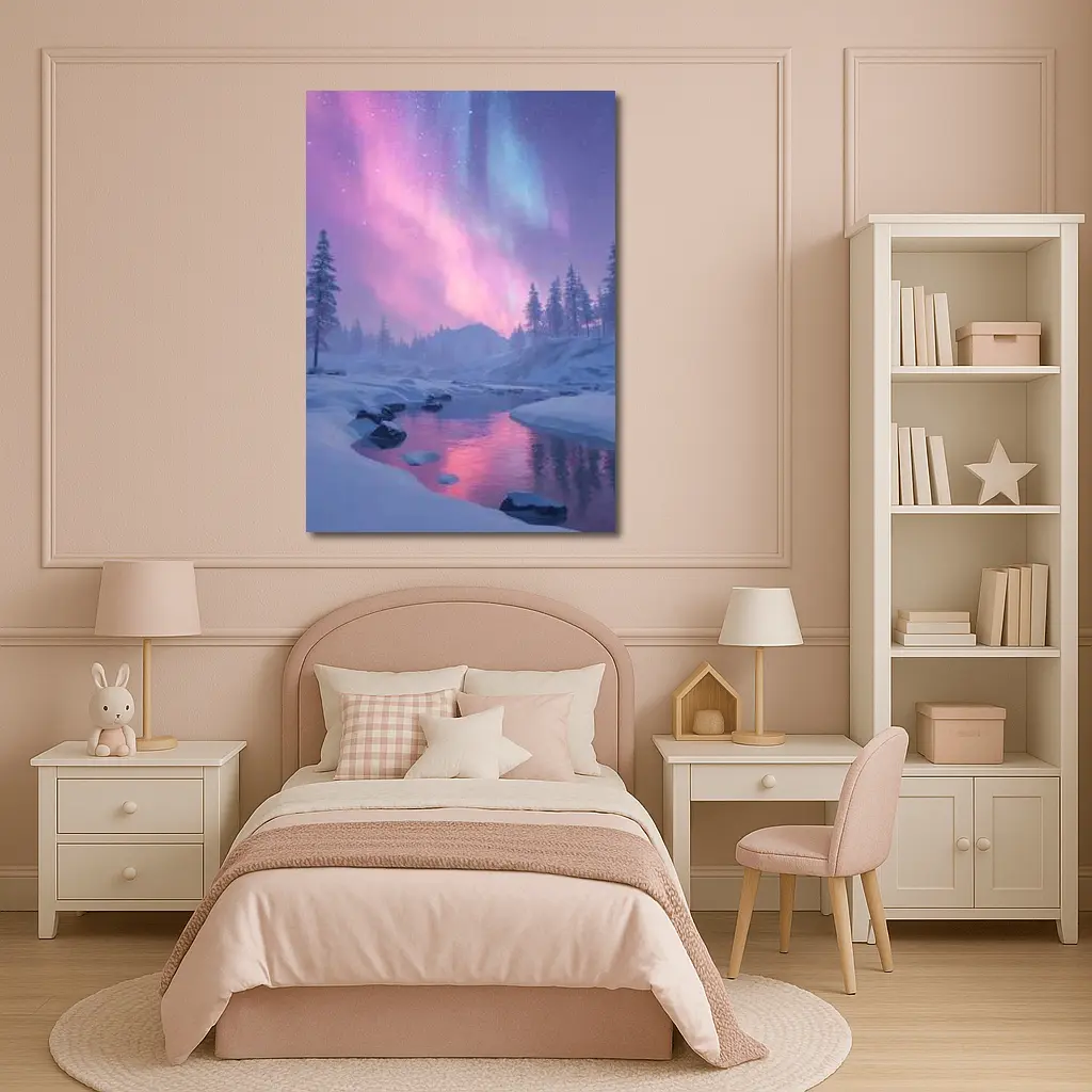 Northern Lights Over Snowy Winter River – Wall Art