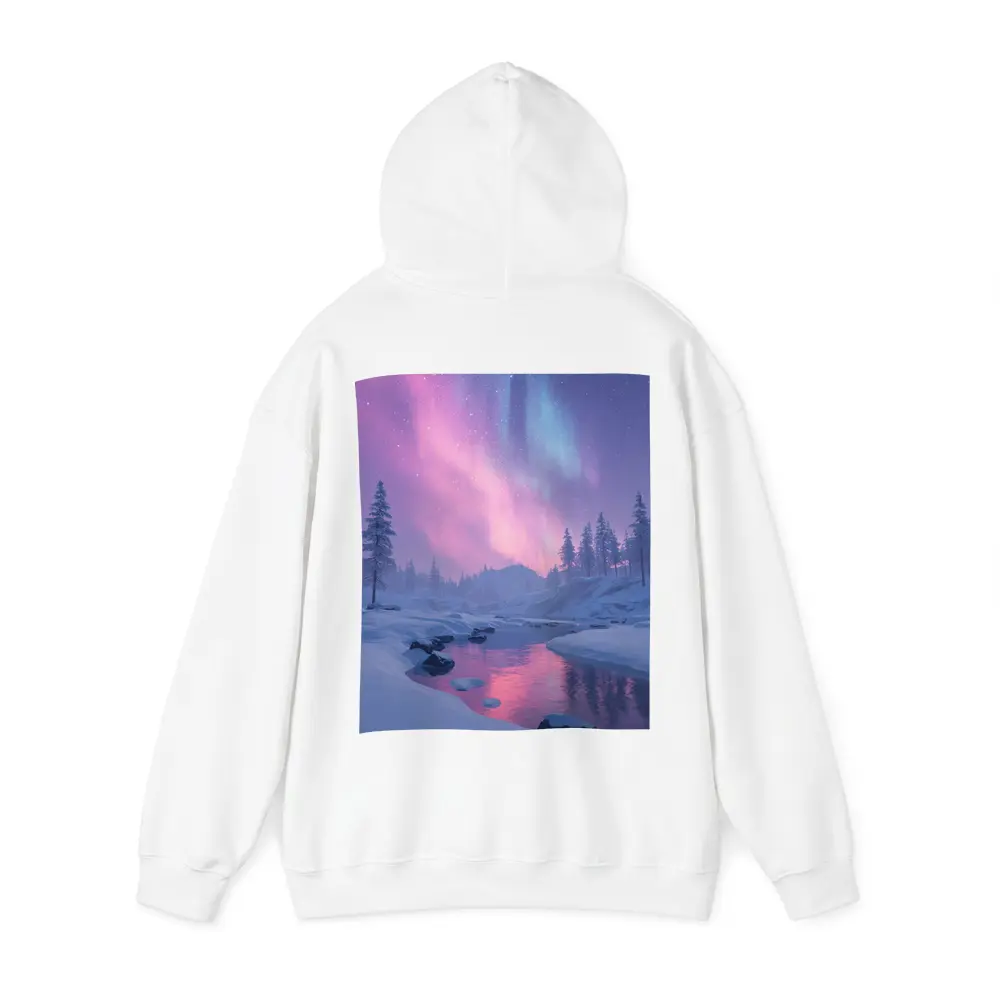 Northern Lights Over Snowy Winter River – Hoodies