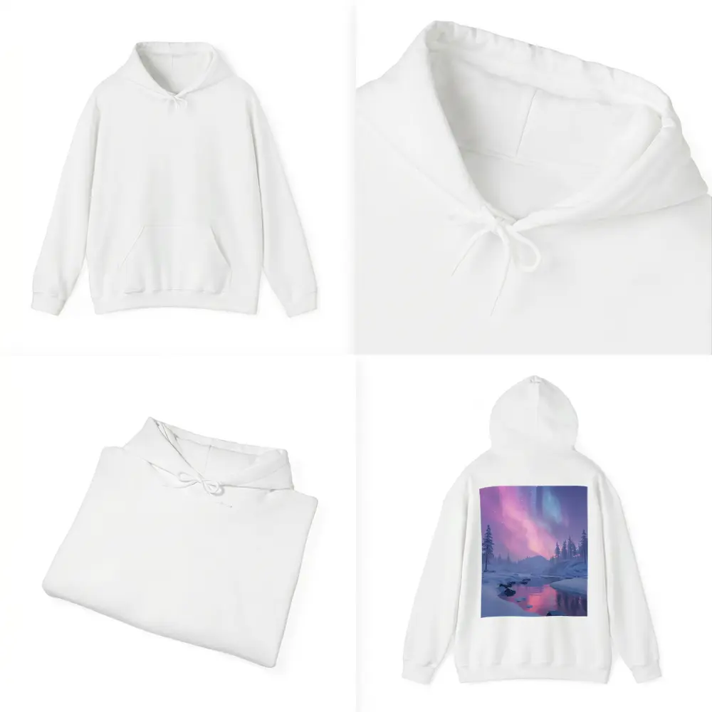 Northern Lights Over Snowy Winter River – Hoodies
