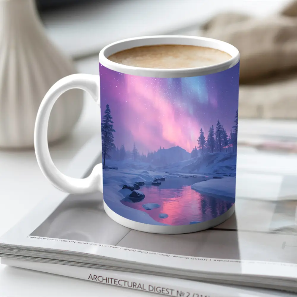 Northern Lights Over Snowy Winter River – Mugs