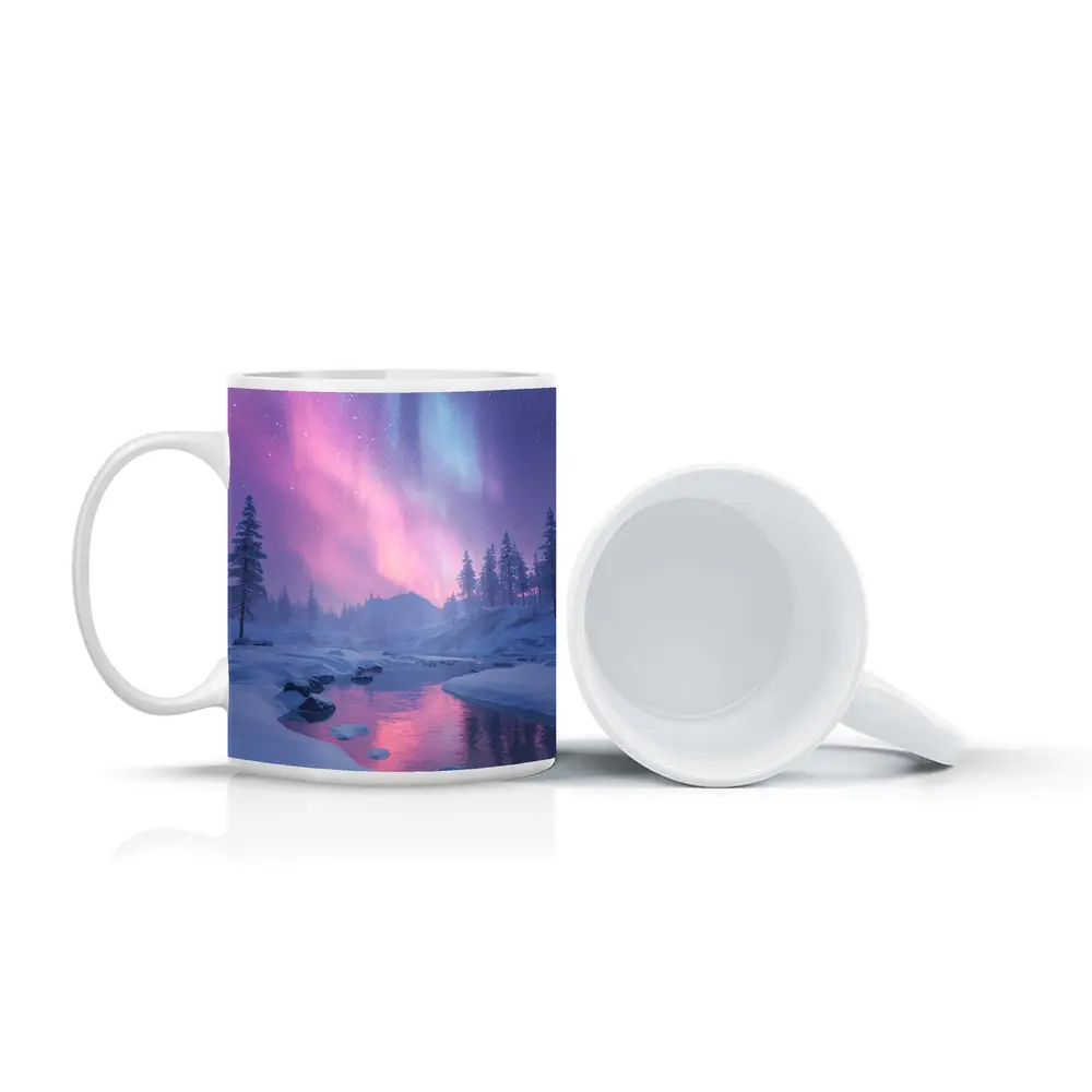 Northern Lights Over Snowy Winter River – Mugs