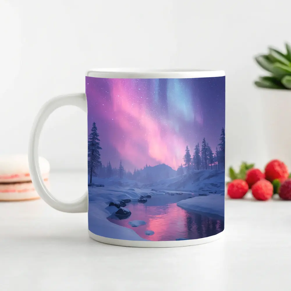 Northern Lights Over Snowy Winter River – Mugs