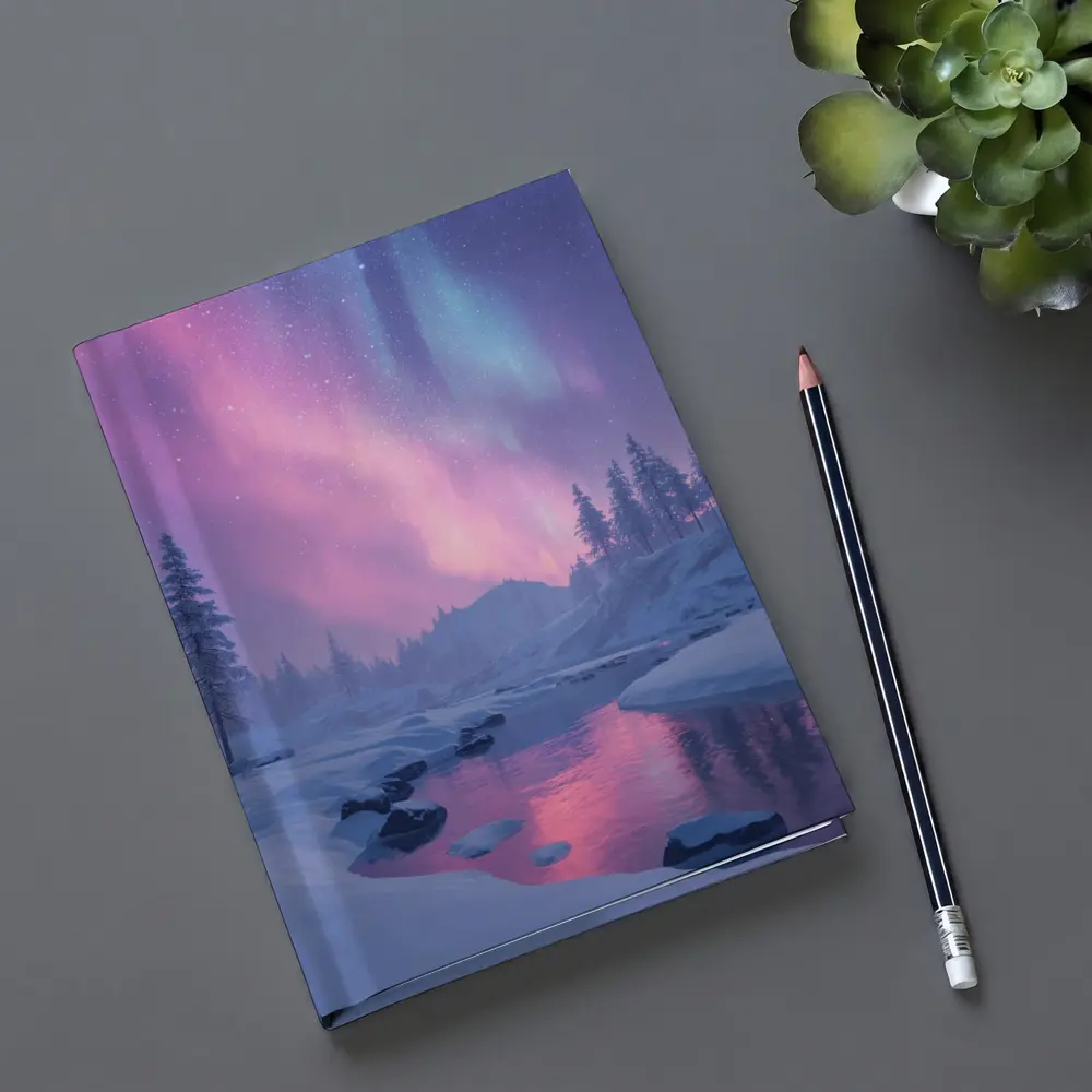 Northern Lights Over Snowy Winter River – Notebooks