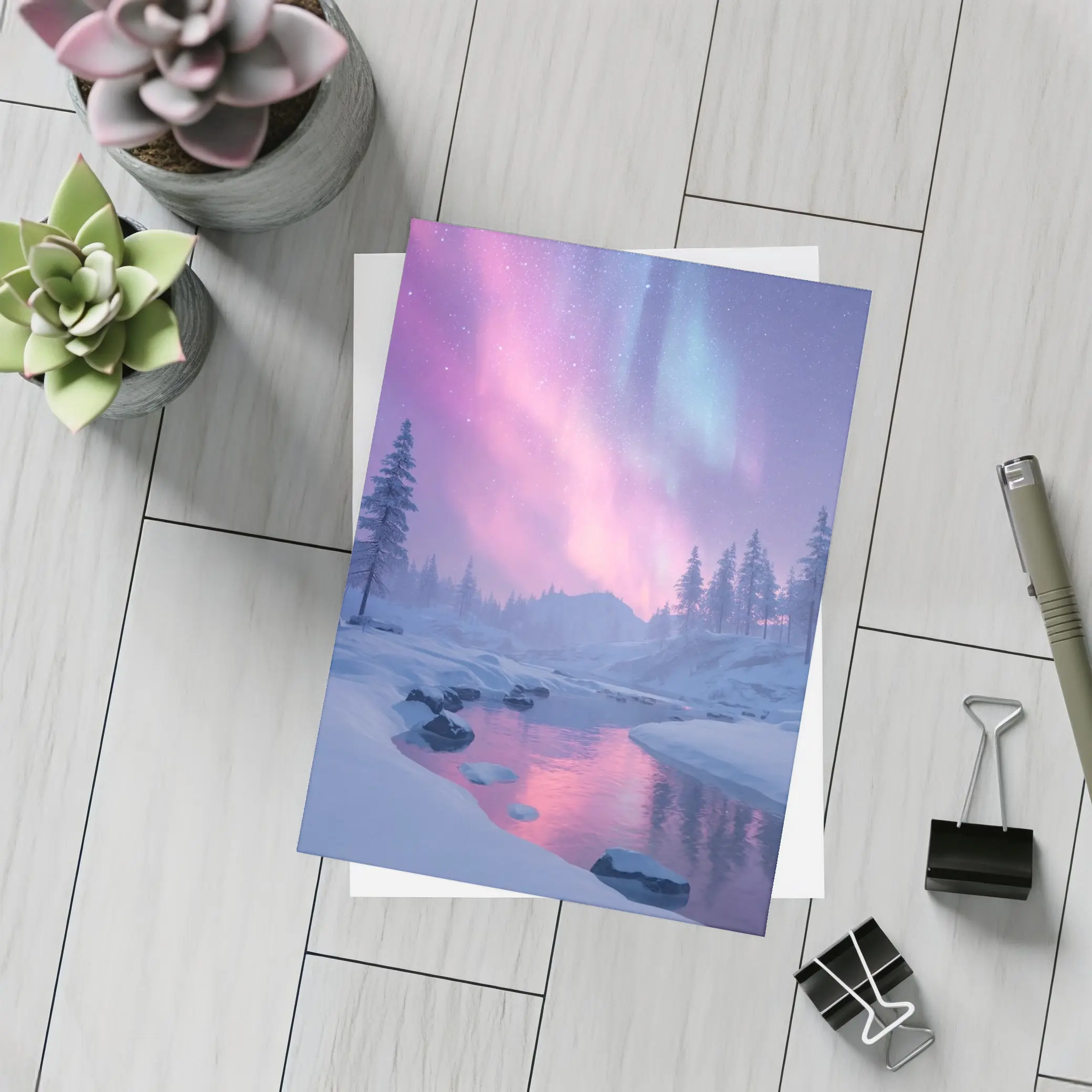 Northern Lights Over Snowy Winter River – Postcards