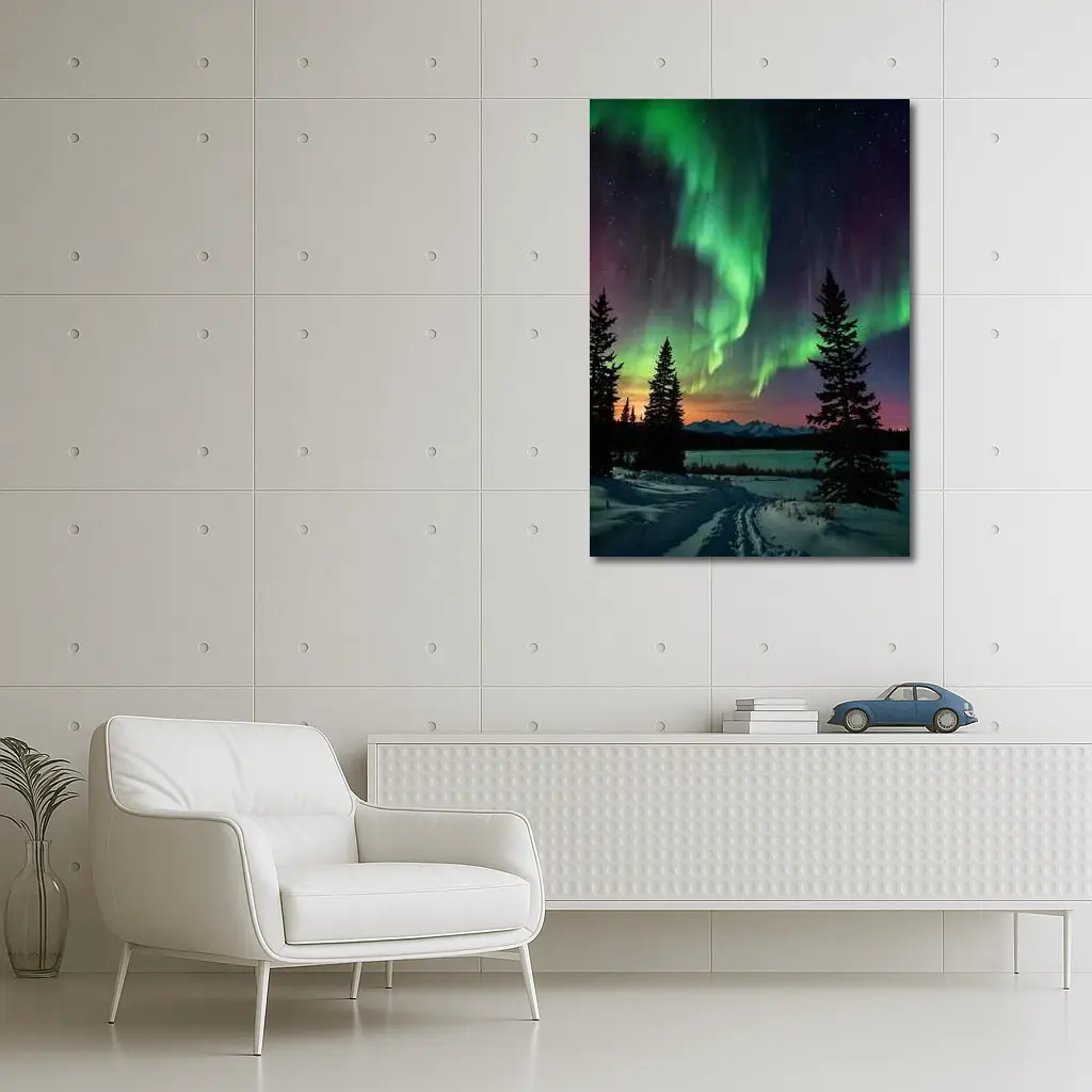 Aurora Borealis Over Snowy Winter Forest – Wall Art