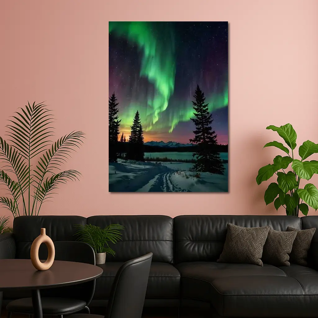Aurora Borealis Over Snowy Winter Forest – Wall Art