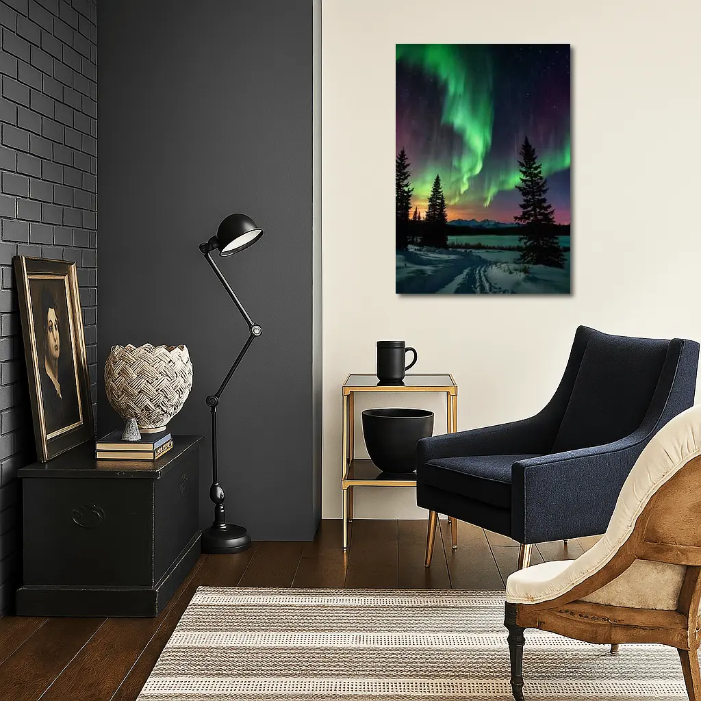 Aurora Borealis Over Snowy Winter Forest – Wall Art