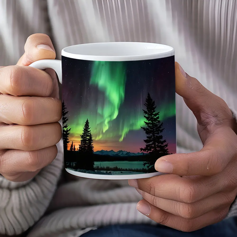 Aurora Borealis Over Snowy Winter Forest – Mugs