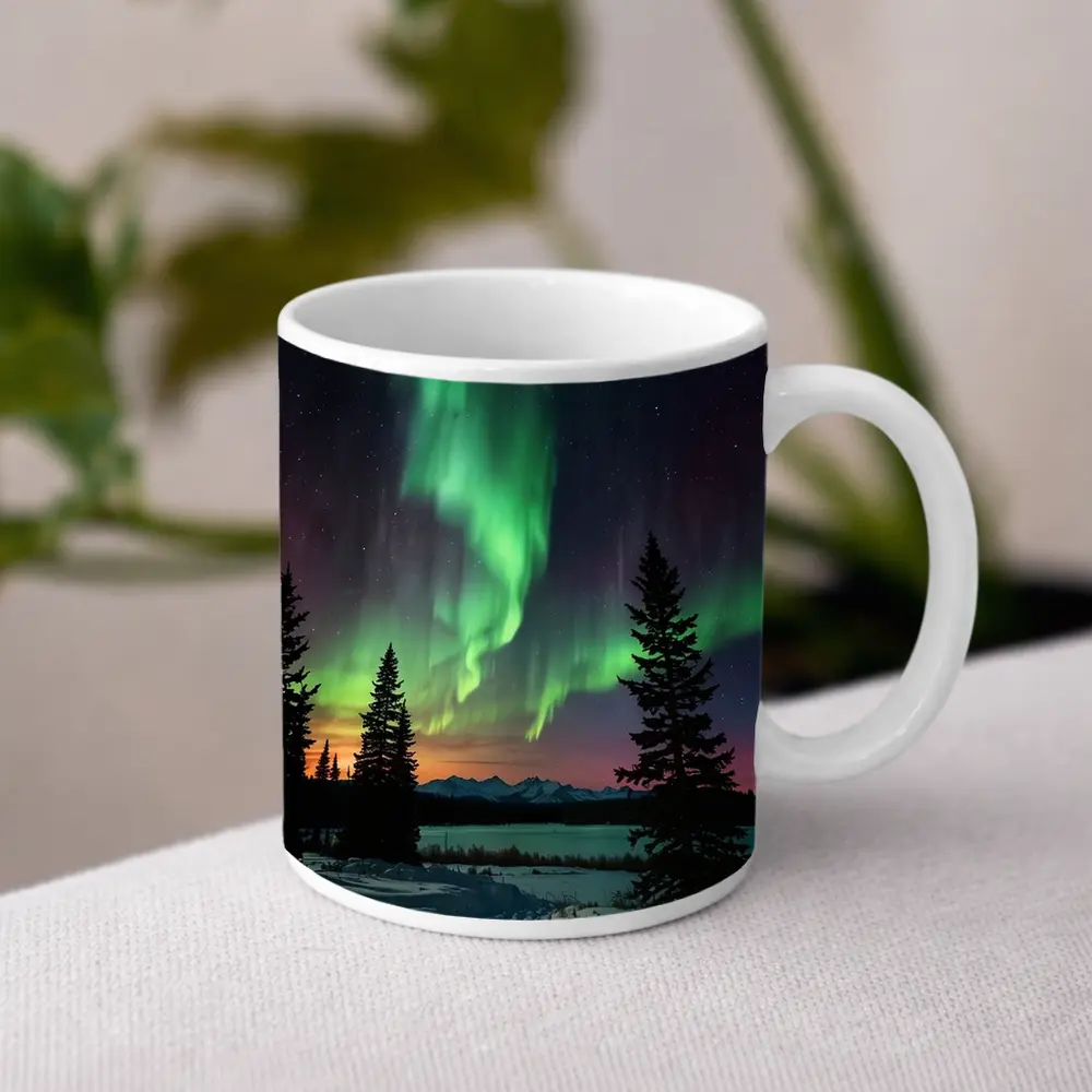 Aurora Borealis Over Snowy Winter Forest – Mugs