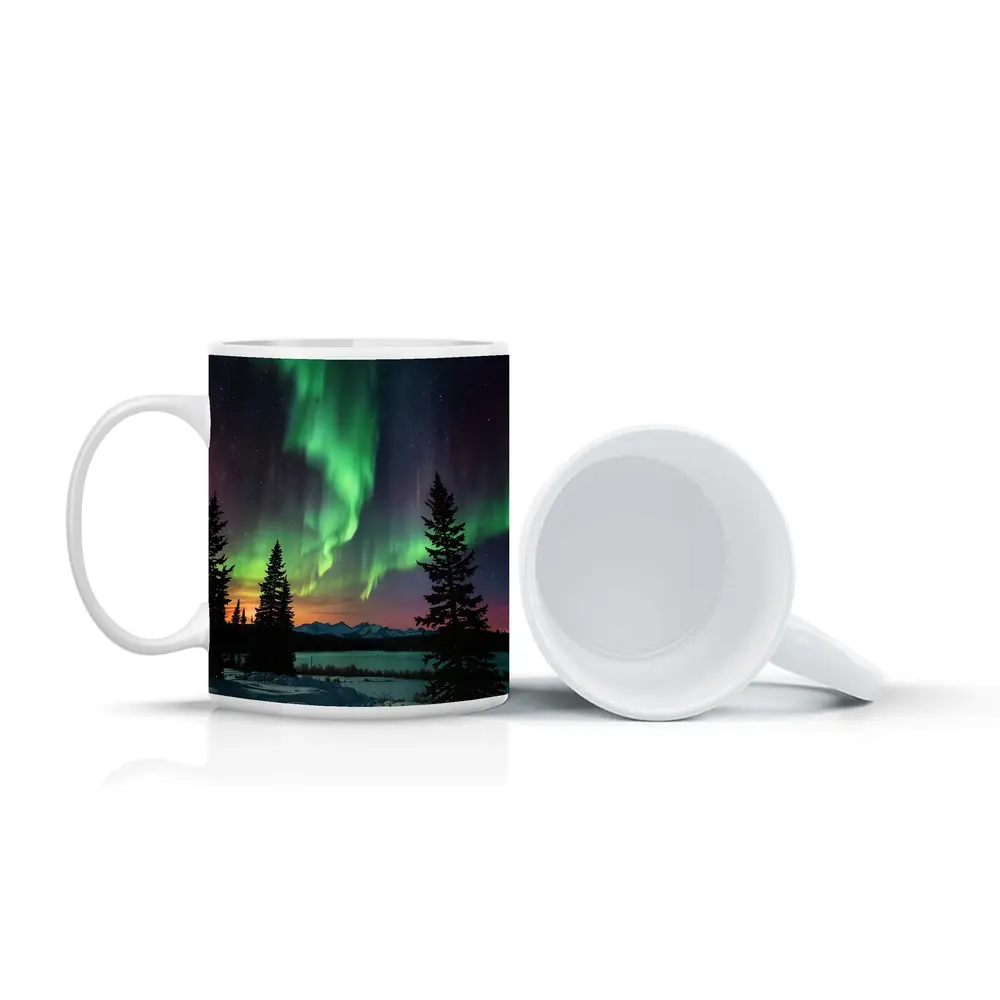 Aurora Borealis Over Snowy Winter Forest – Mugs