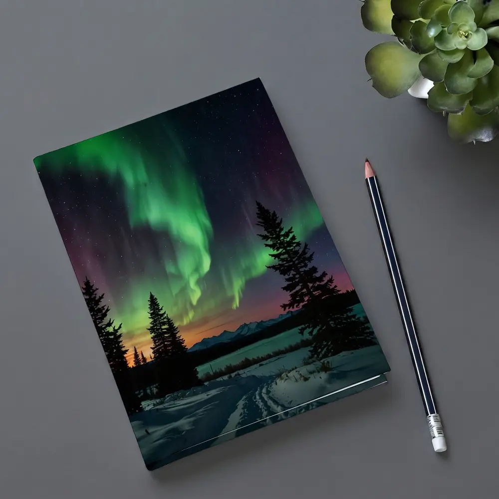 Aurora Borealis Over Snowy Winter Forest – Notebooks