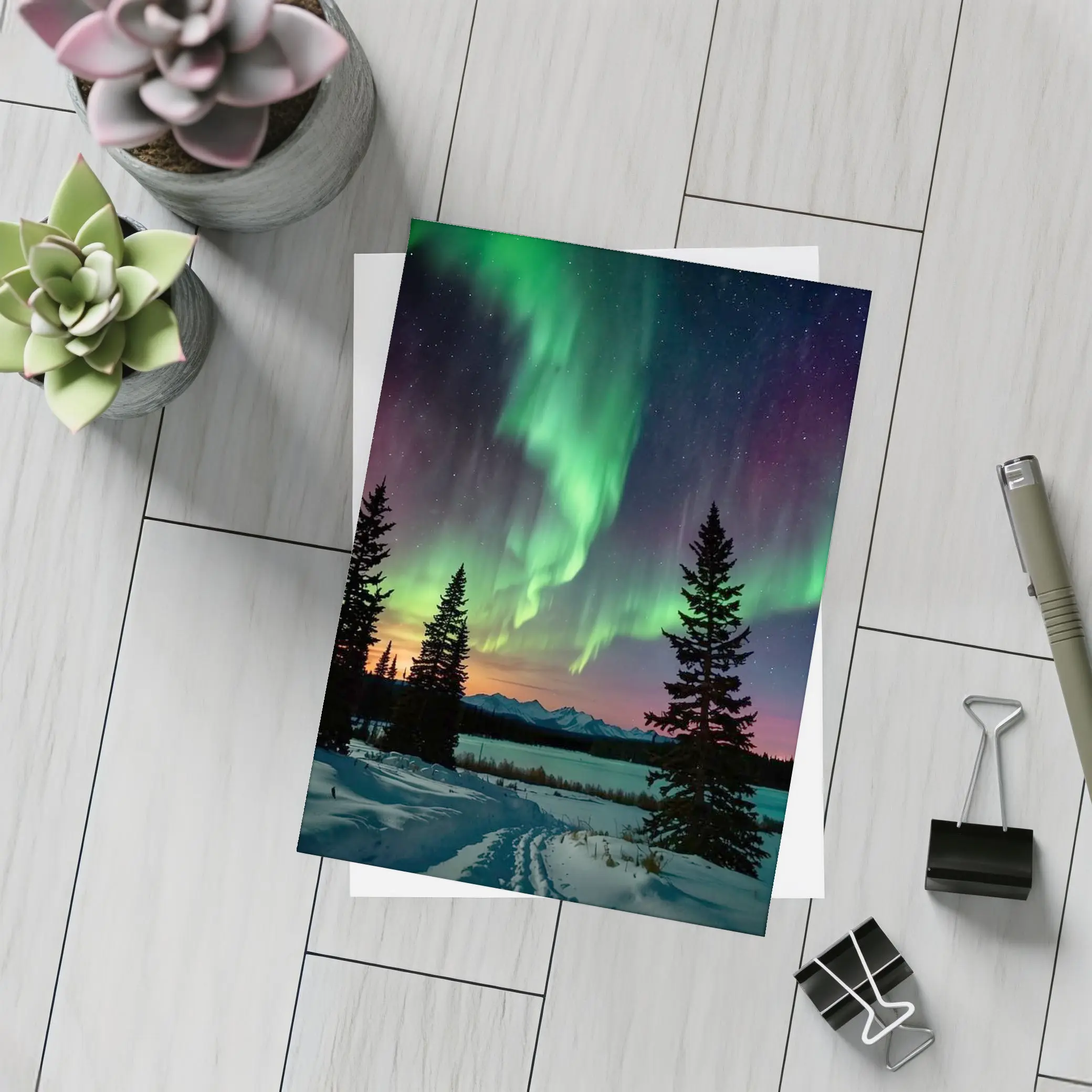Aurora Borealis Over Snowy Winter Forest – Postcards