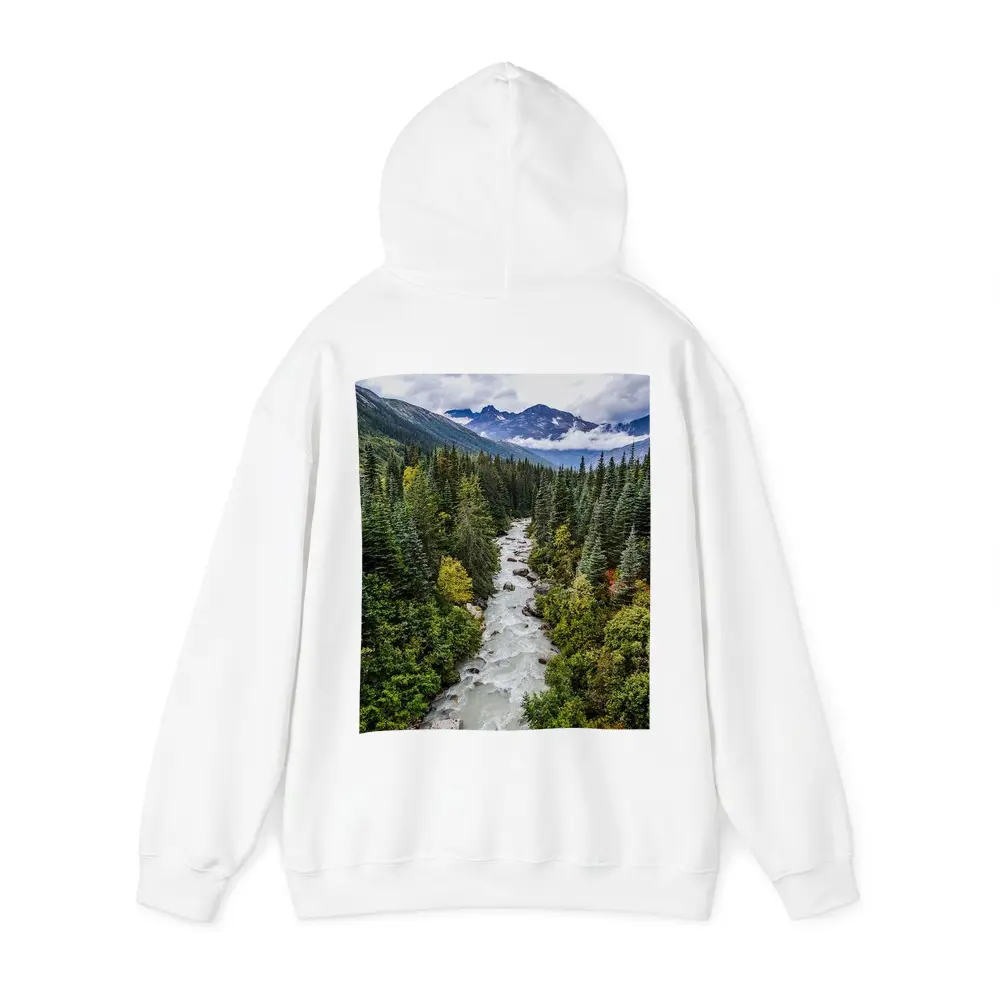 Rocky Mountain River Through Pine Forest – Hoodies