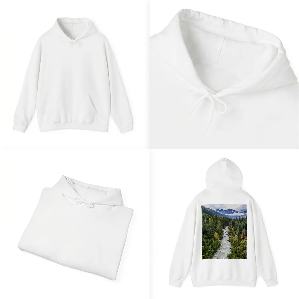 Rocky Mountain River Through Pine Forest – Hoodies