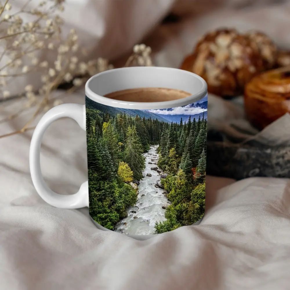 Rocky Mountain River Through Pine Forest – Mugs