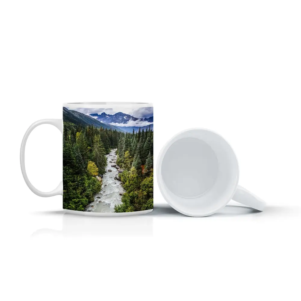 Rocky Mountain River Through Pine Forest – Mugs