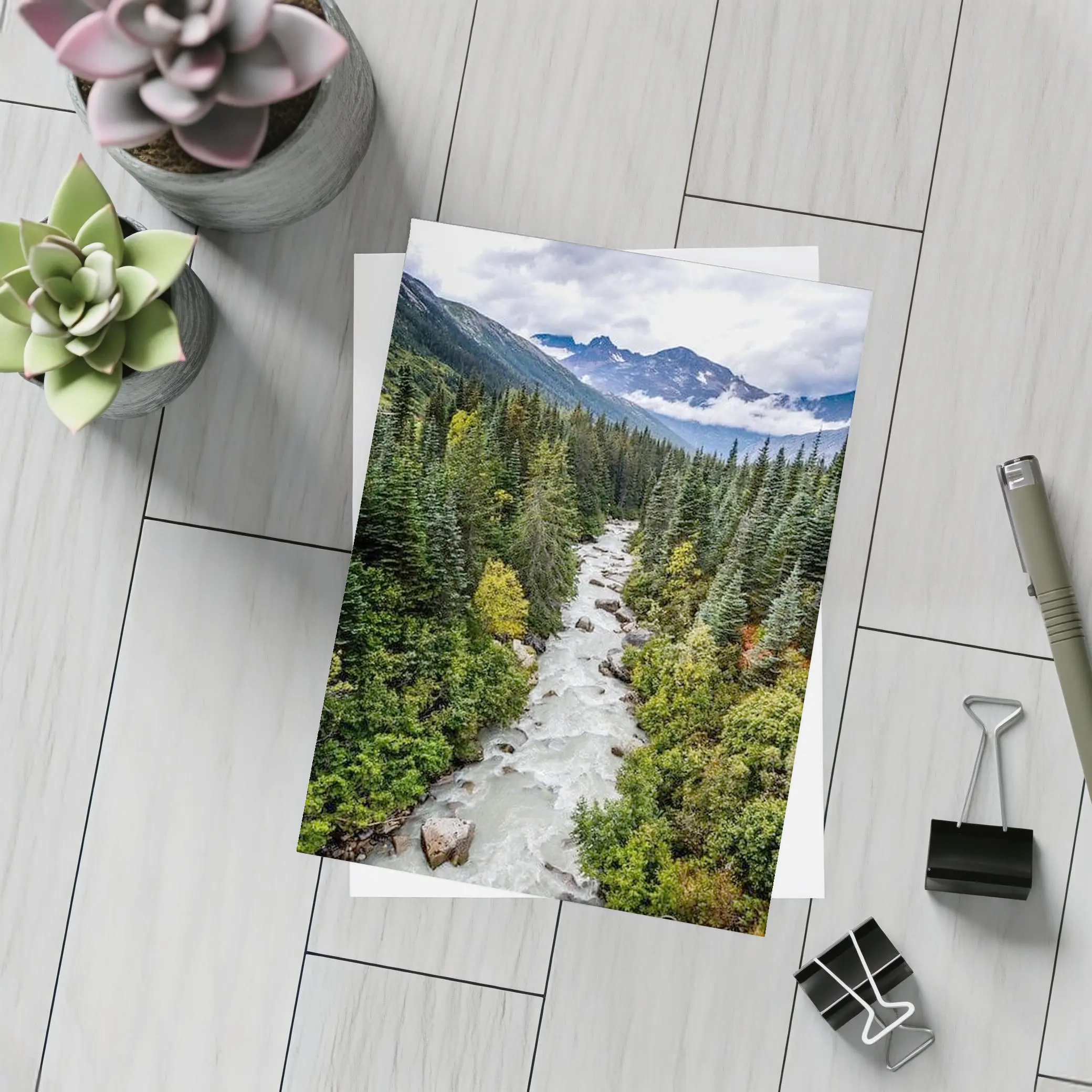 Rocky Mountain River Through Pine Forest – Postcards