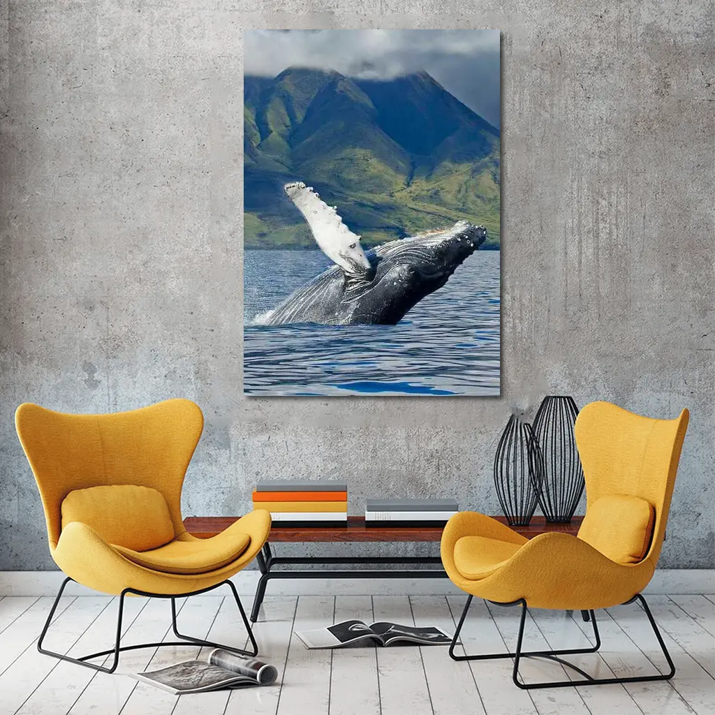 Humpback Whale Breaching Ocean Mountain Backdrop – Wall Art