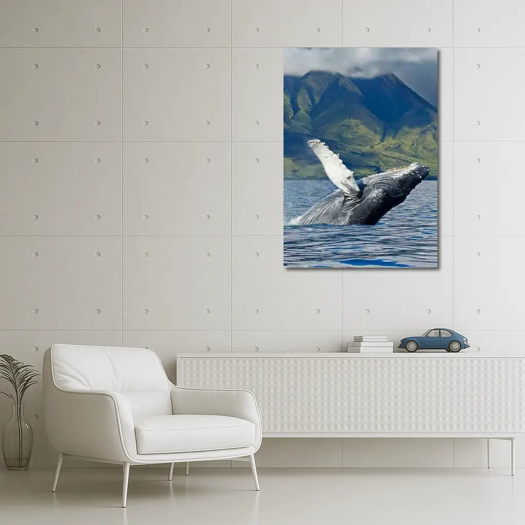 Humpback Whale Breaching Ocean Mountain Backdrop – Wall Art