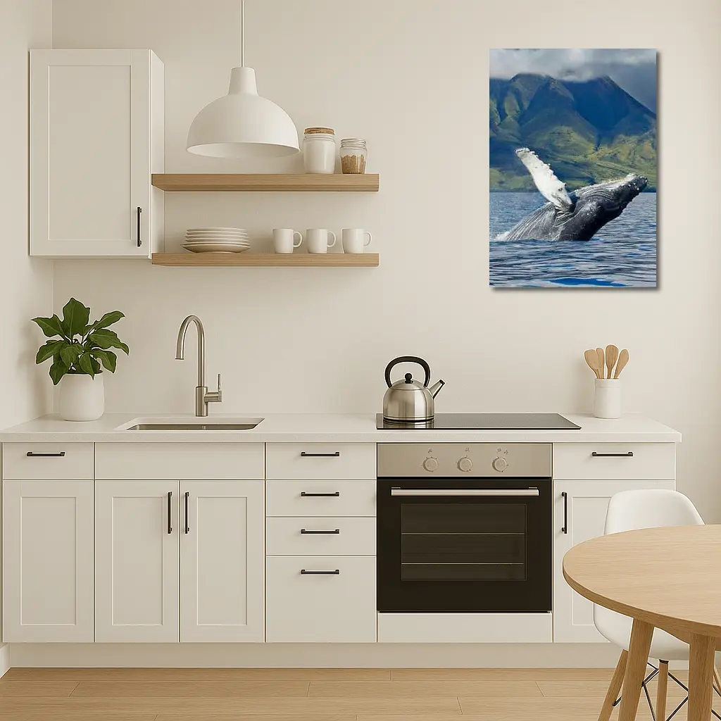 Humpback Whale Breaching Ocean Mountain Backdrop – Wall Art