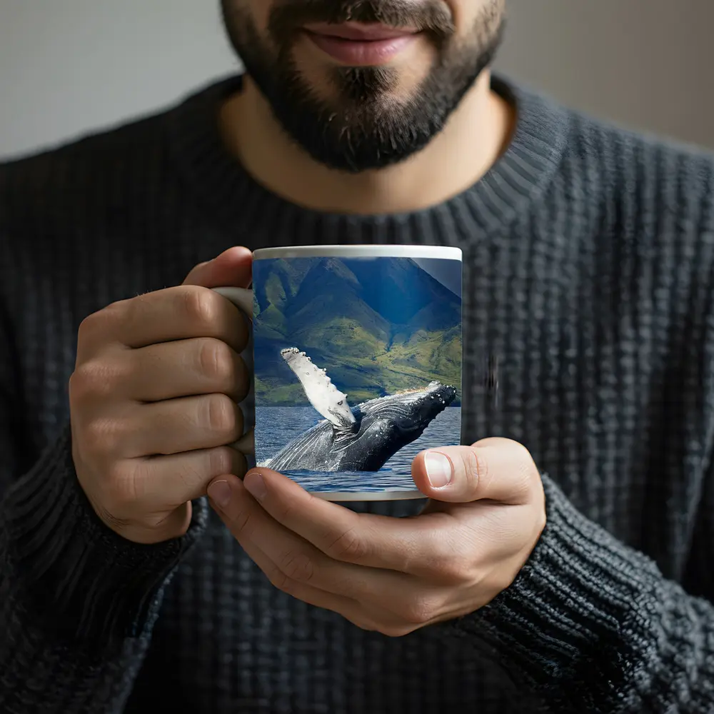 Humpback Whale Breaching Ocean Mountain Backdrop – Mugs